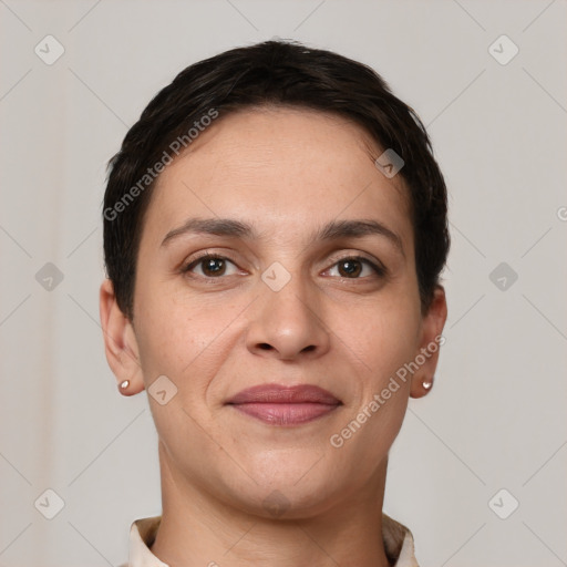 Joyful white young-adult female with short  brown hair and brown eyes