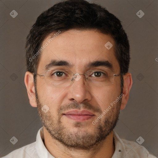 Joyful white adult male with short  brown hair and brown eyes