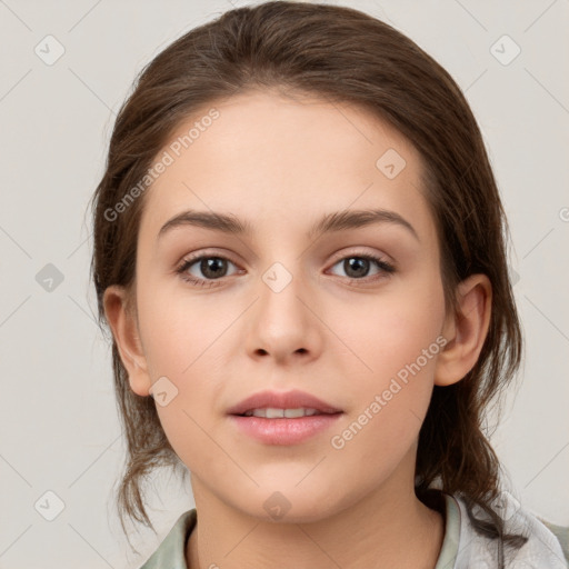 Neutral white young-adult female with medium  brown hair and brown eyes