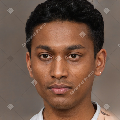 Neutral latino young-adult male with short  black hair and brown eyes