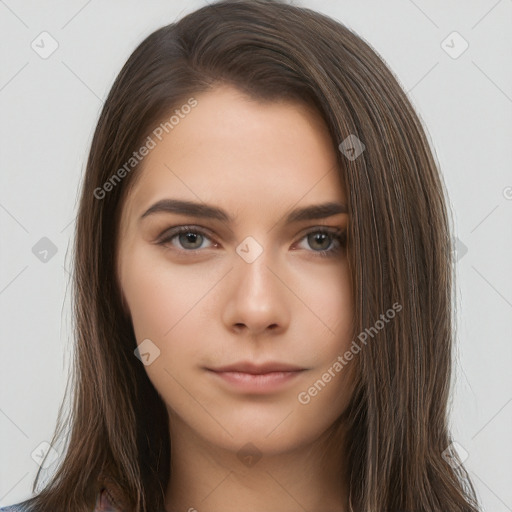 Neutral white young-adult female with long  brown hair and brown eyes