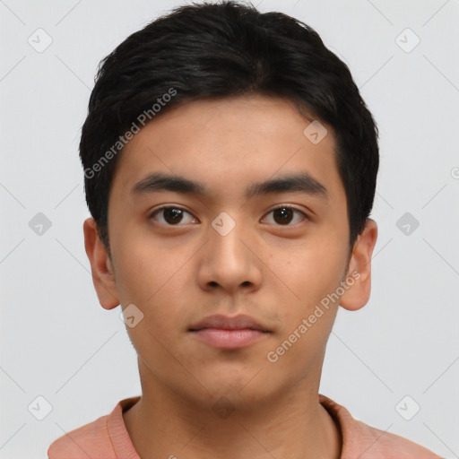 Neutral asian young-adult male with short  black hair and brown eyes