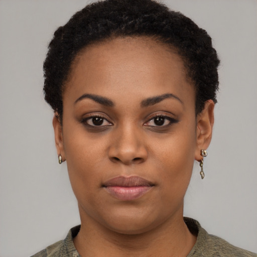 Neutral black young-adult female with short  black hair and brown eyes