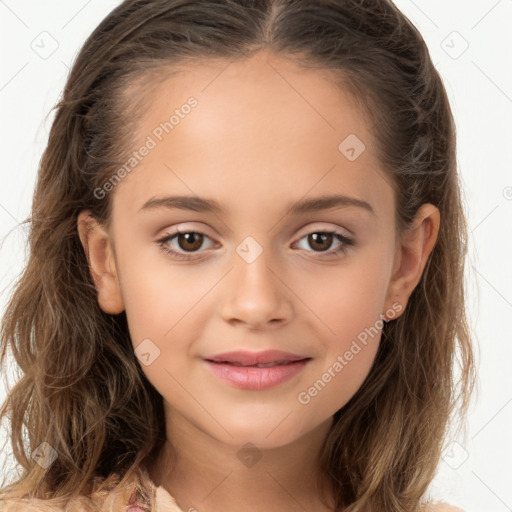 Joyful white child female with long  brown hair and brown eyes