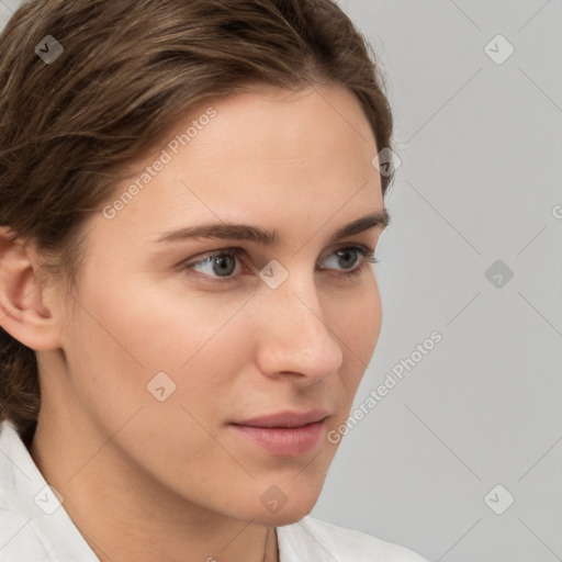 Neutral white young-adult female with short  brown hair and brown eyes