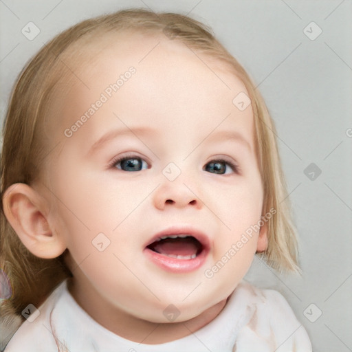 Neutral white child female with medium  brown hair and blue eyes