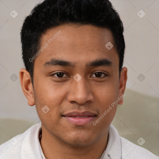 Joyful latino young-adult male with short  brown hair and brown eyes