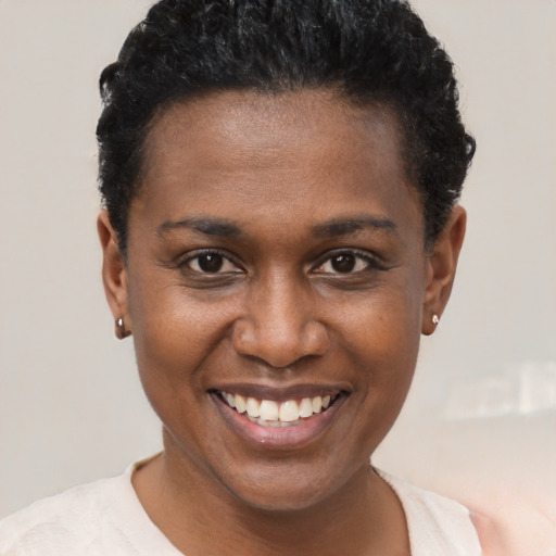 Joyful black young-adult female with short  brown hair and brown eyes
