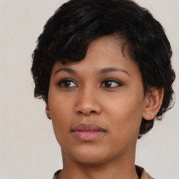 Neutral asian young-adult female with short  brown hair and brown eyes