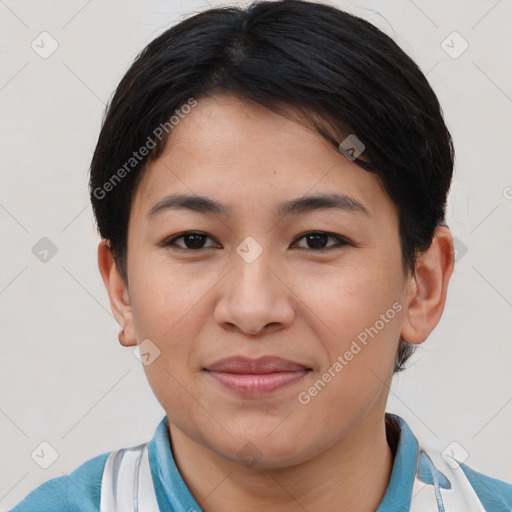 Joyful asian young-adult female with short  brown hair and brown eyes