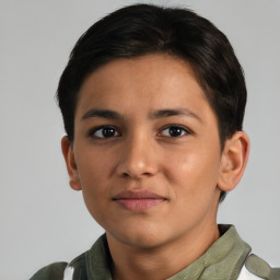 Neutral asian young-adult female with short  brown hair and brown eyes