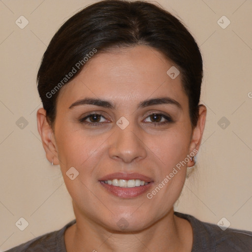 Joyful white young-adult female with medium  brown hair and brown eyes