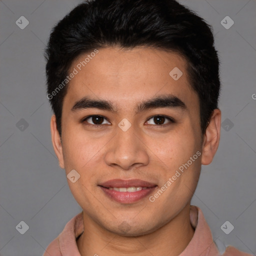 Joyful latino young-adult male with short  brown hair and brown eyes