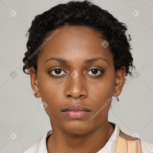 Neutral black young-adult female with short  black hair and brown eyes