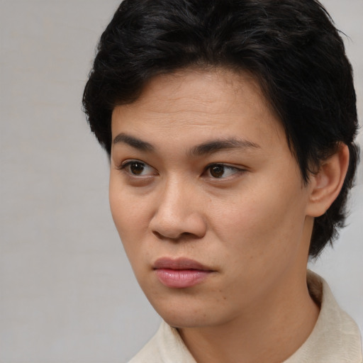 Neutral asian young-adult female with short  brown hair and brown eyes