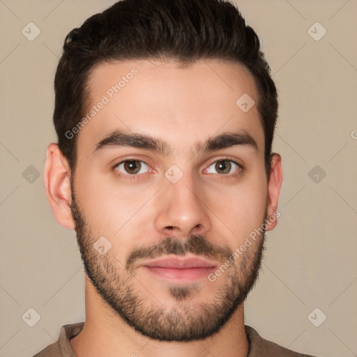 Neutral white young-adult male with short  brown hair and brown eyes