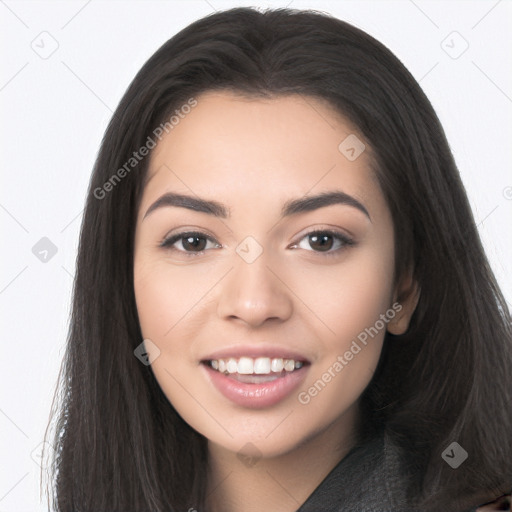 Joyful white young-adult female with long  black hair and brown eyes