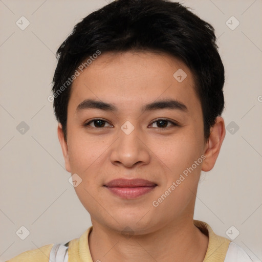 Joyful asian young-adult male with short  black hair and brown eyes