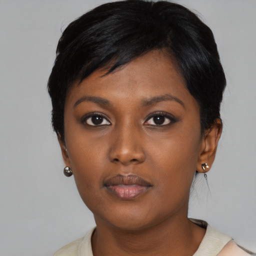 Neutral asian young-adult female with medium  black hair and brown eyes