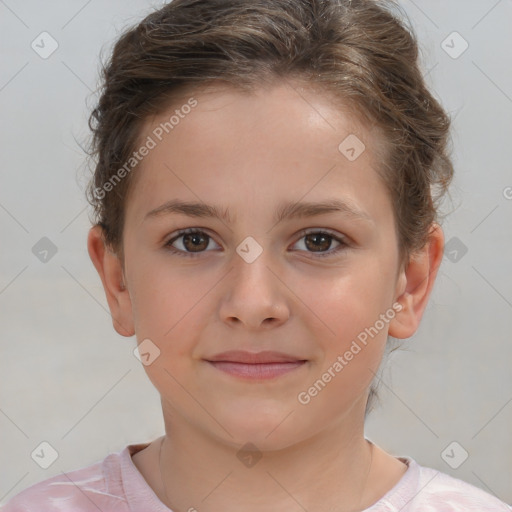 Joyful white child female with short  brown hair and brown eyes