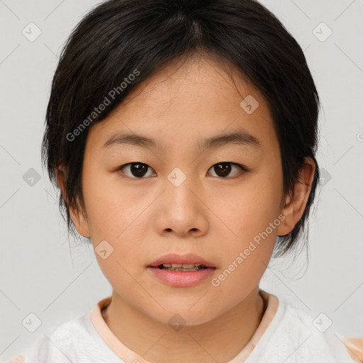 Neutral asian young-adult female with medium  brown hair and brown eyes