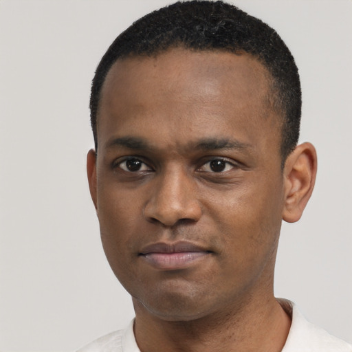 Neutral black young-adult male with short  black hair and brown eyes