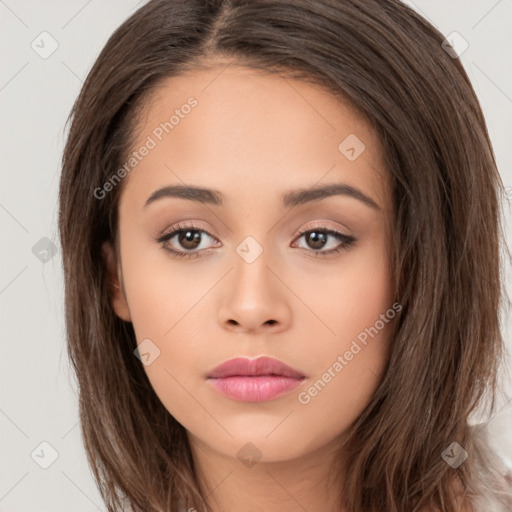 Neutral white young-adult female with long  brown hair and brown eyes