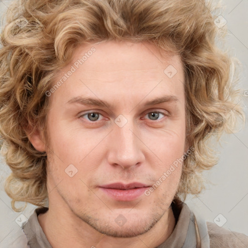 Joyful white adult male with short  brown hair and grey eyes