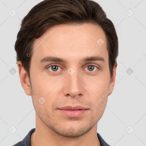 Neutral white young-adult male with short  brown hair and brown eyes