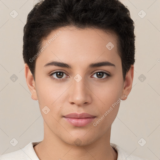 Joyful white young-adult female with short  brown hair and brown eyes