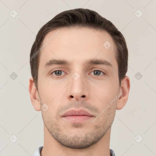 Neutral white young-adult male with short  brown hair and brown eyes