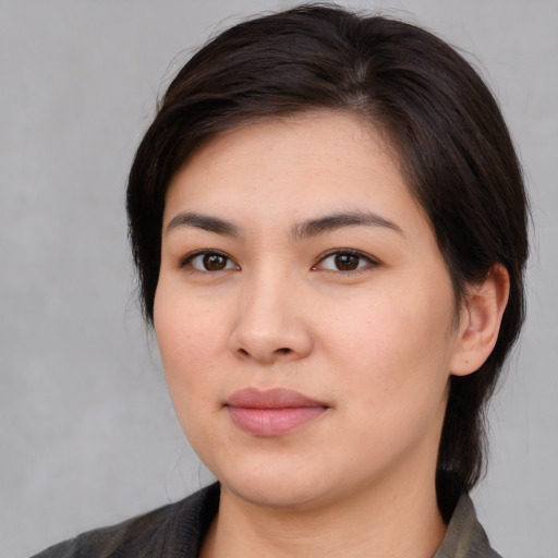 Neutral white young-adult female with medium  brown hair and brown eyes
