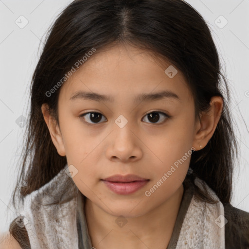 Joyful white child female with medium  brown hair and brown eyes