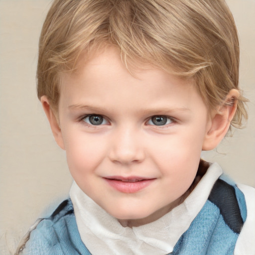 Joyful white child female with medium  brown hair and grey eyes