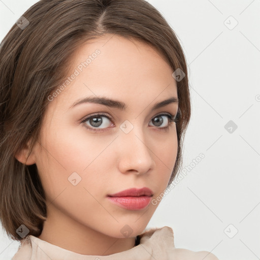 Neutral white young-adult female with medium  brown hair and brown eyes