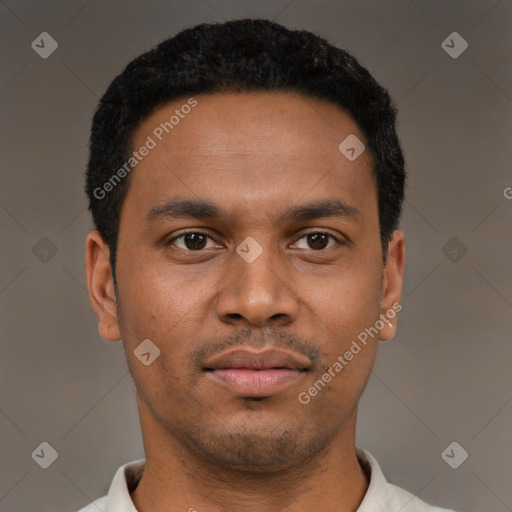 Neutral latino young-adult male with short  black hair and brown eyes