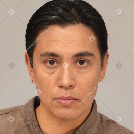 Neutral asian young-adult male with short  black hair and brown eyes