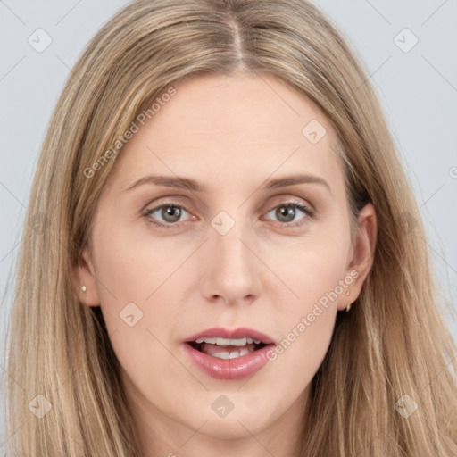 Joyful white young-adult female with long  brown hair and grey eyes