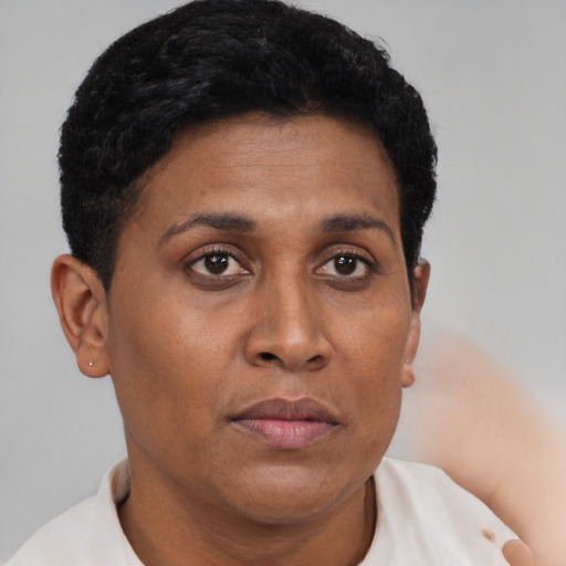 Neutral black young-adult female with short  brown hair and brown eyes