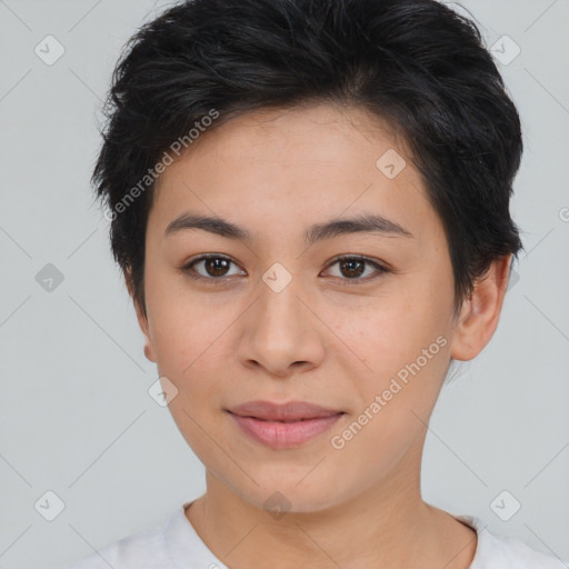 Joyful asian young-adult female with short  brown hair and brown eyes