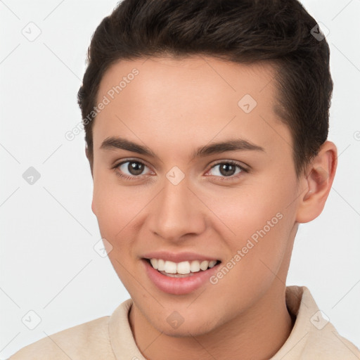 Joyful white young-adult female with short  brown hair and brown eyes