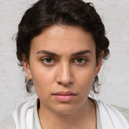 Neutral white young-adult female with short  brown hair and brown eyes