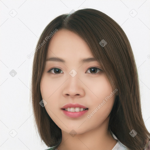 Neutral asian young-adult female with long  brown hair and brown eyes