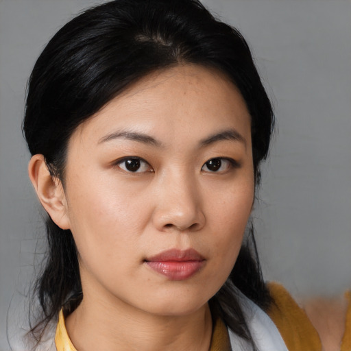 Neutral asian young-adult female with medium  black hair and brown eyes