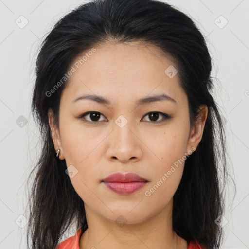 Joyful asian young-adult female with medium  brown hair and brown eyes