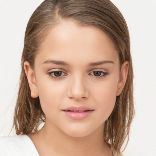 Joyful white child female with medium  brown hair and brown eyes