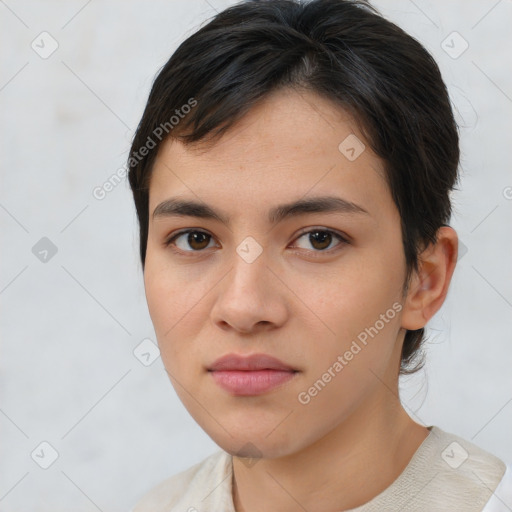 Neutral white young-adult female with short  brown hair and brown eyes