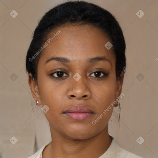 Neutral black young-adult female with short  brown hair and brown eyes