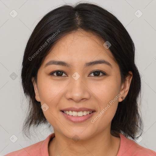 Joyful white young-adult female with medium  brown hair and brown eyes