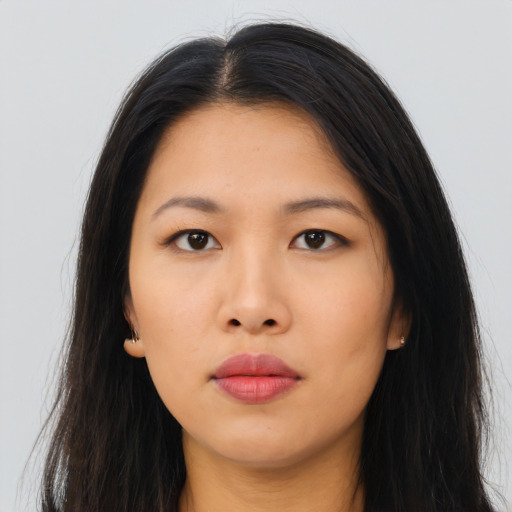 Neutral asian young-adult female with long  brown hair and brown eyes